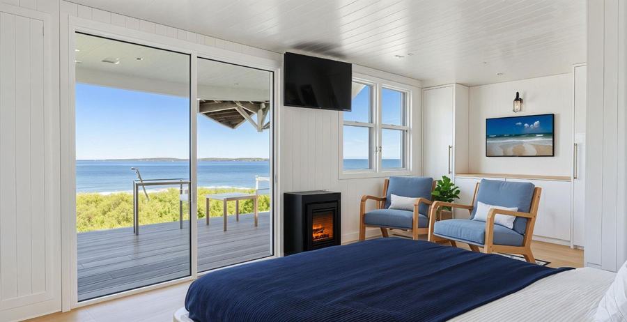 Fireplace and harbor view