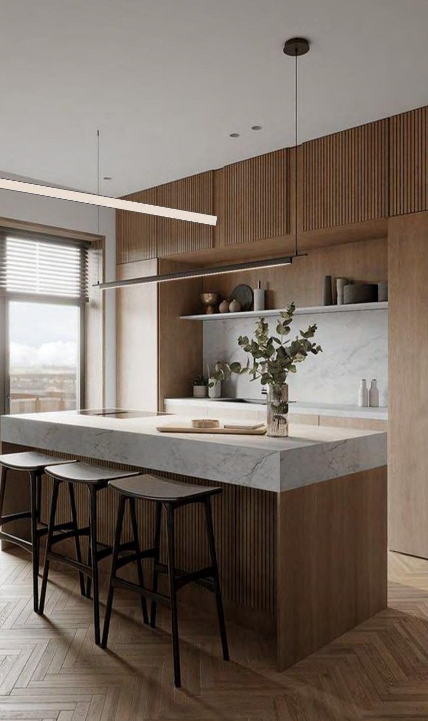 Kitchen island in fluted oak