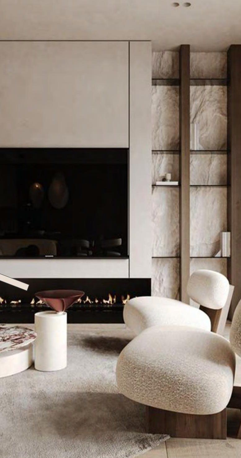 Living room: plaster fireplace wall and stone niche