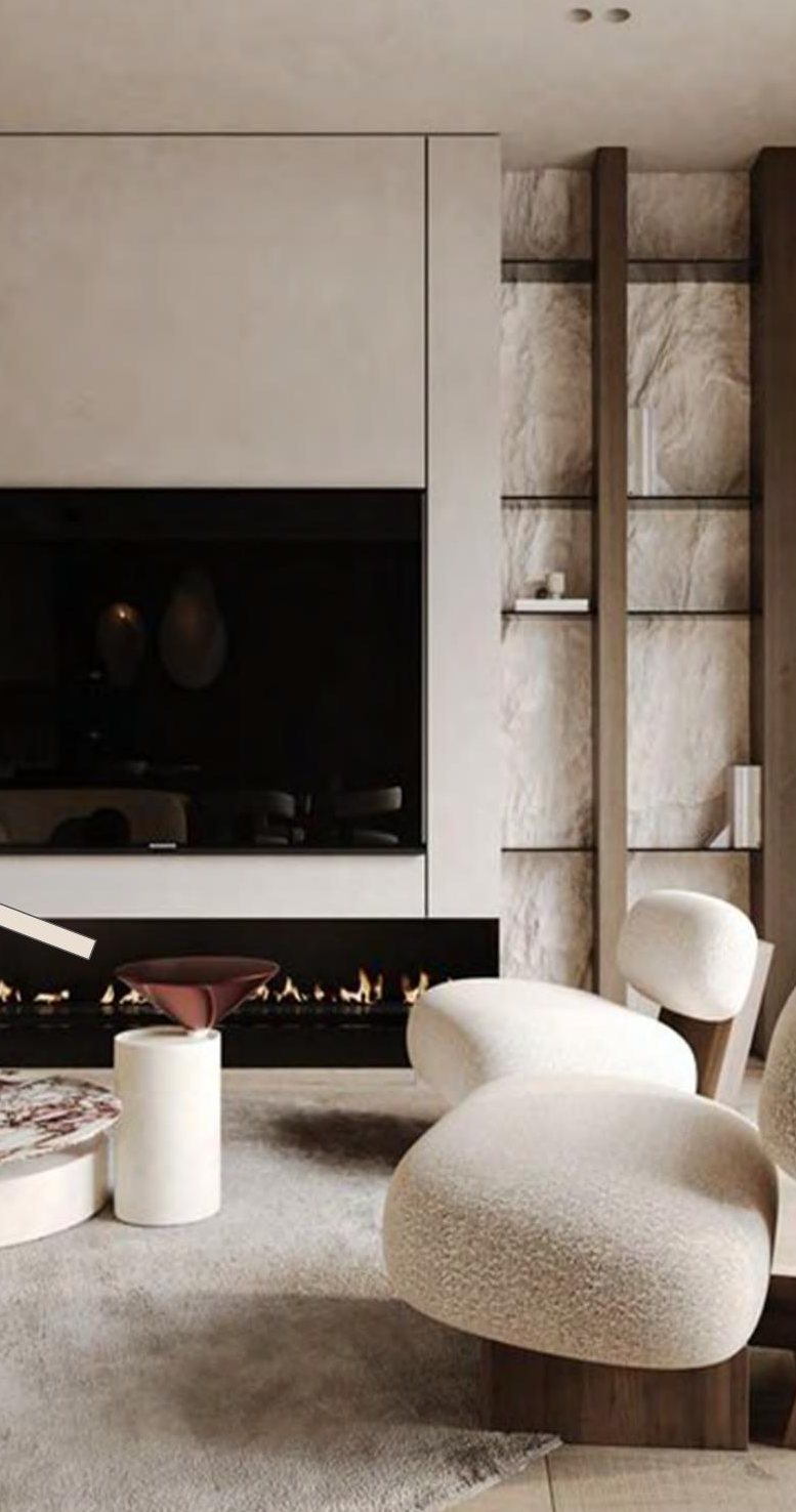 Casa Palacio living room, rendered: plaster fireplace wall and stone niche
