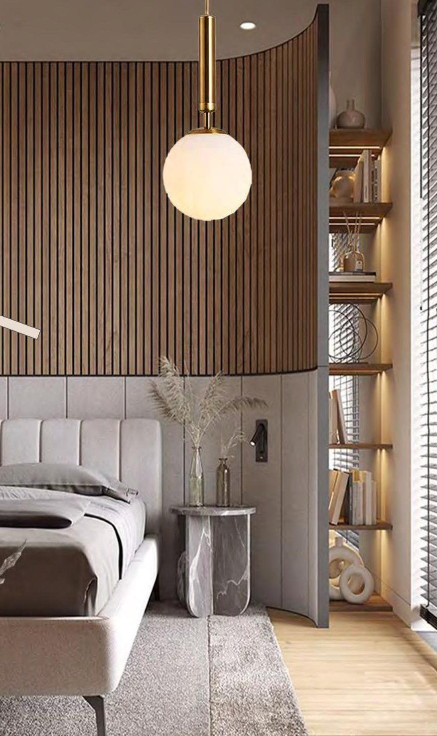 Primary bedroom: fluted wall and brass pendant
