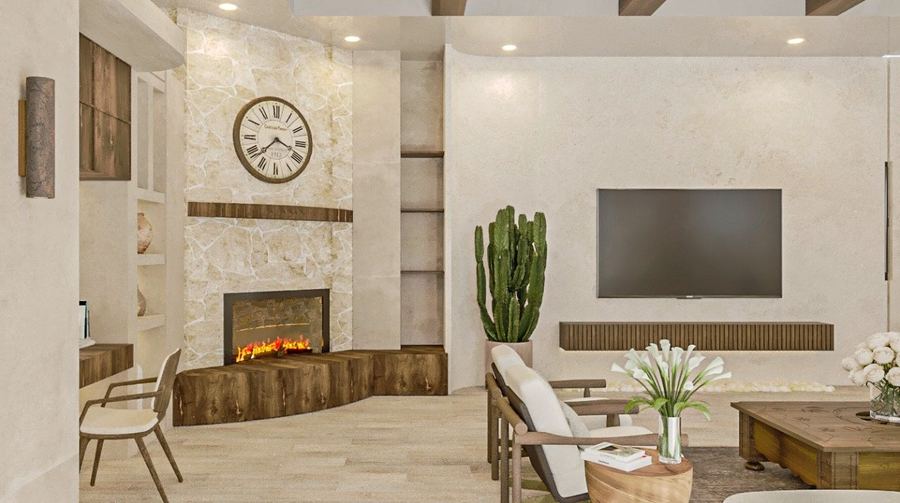 Fireplace wall, media niche and cactus