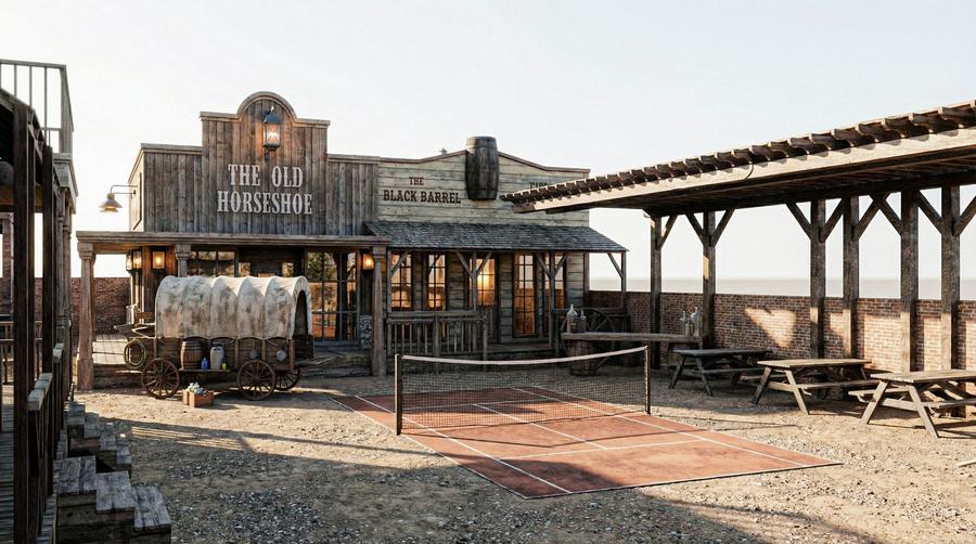 Saloon porch and sport court