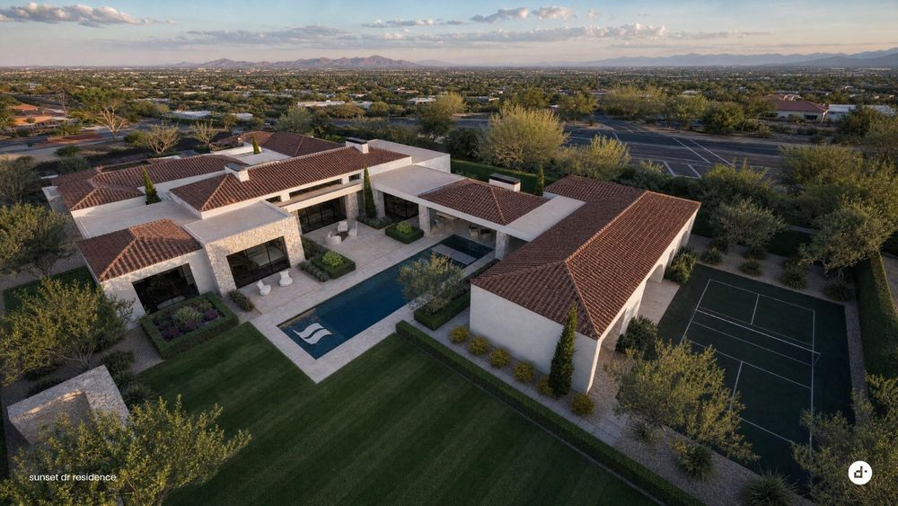 From above: house, casita, pool and court