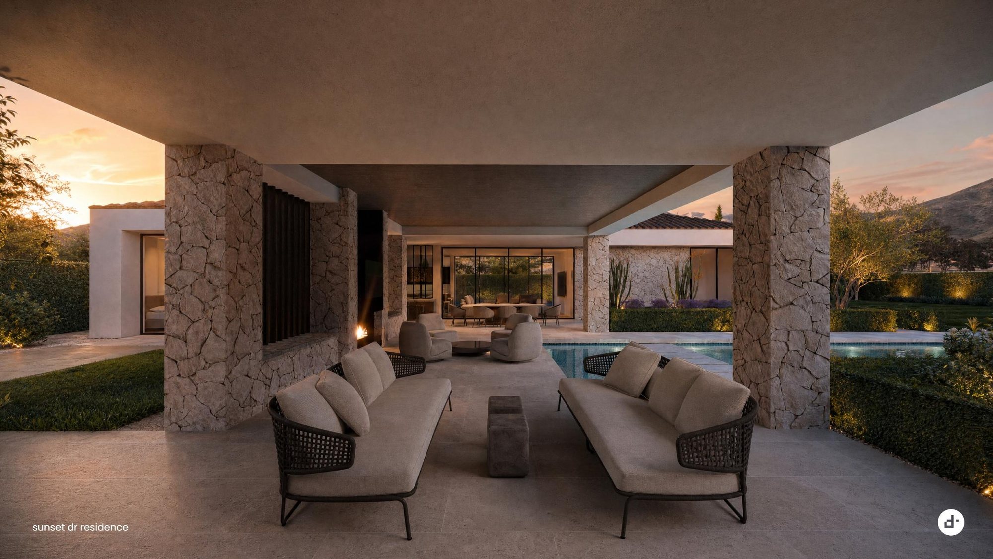 Outdoor lounge at sunset