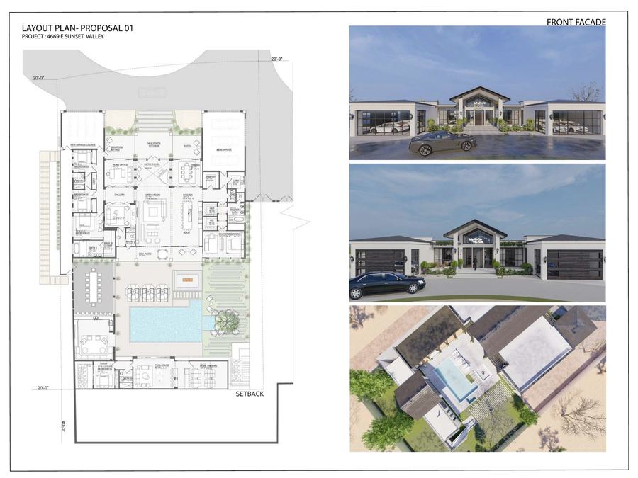 Layout plan and front facade