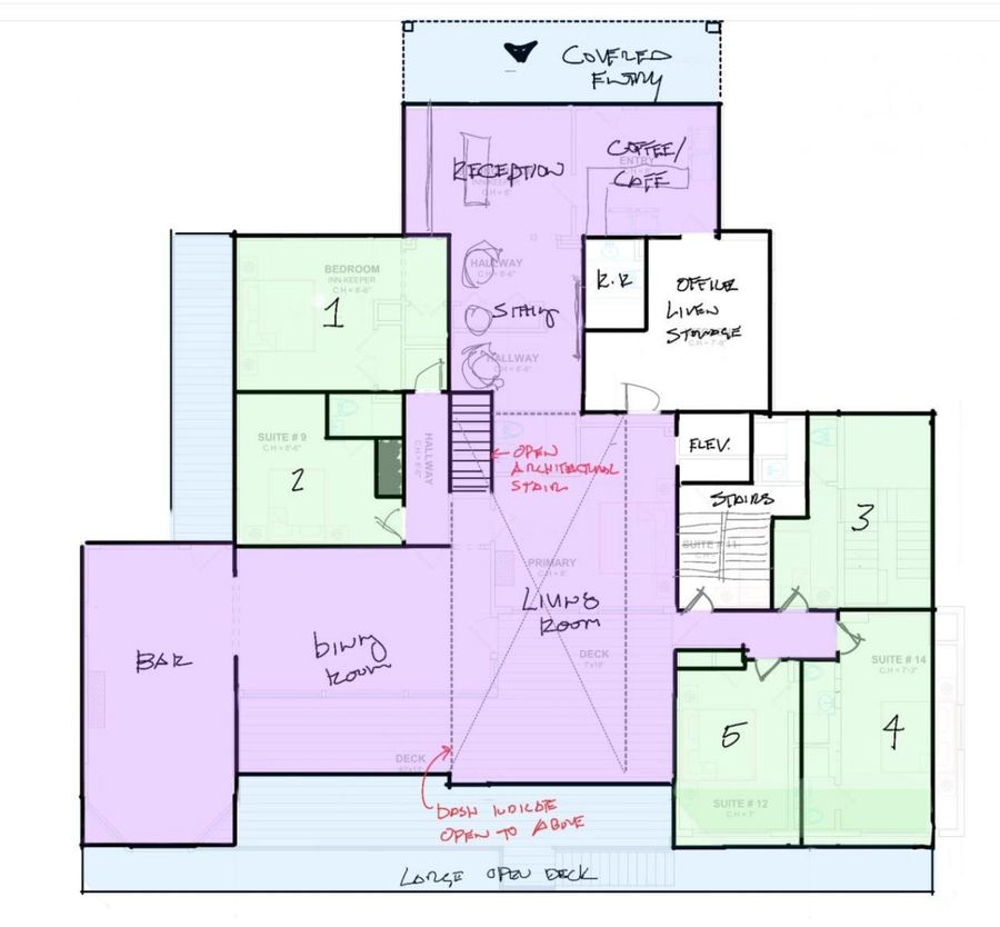 Proposed first floor: reception, café, lounge, bar and dining, suites