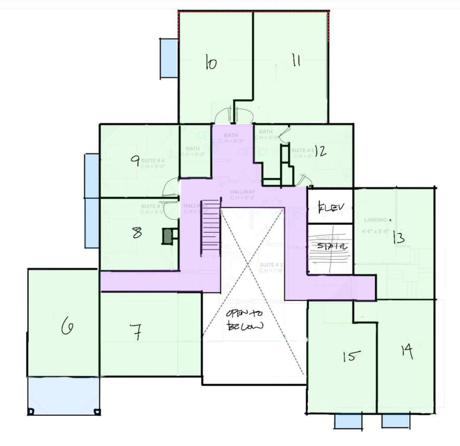 Proposed second floor: suites around the open lounge