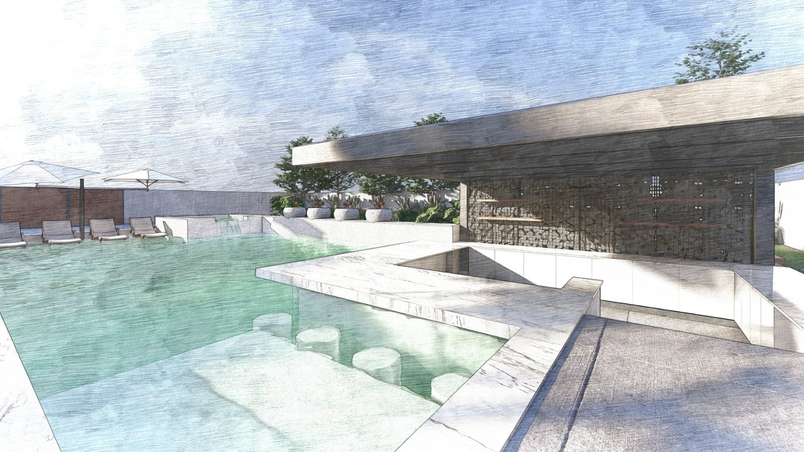 The studio's 2023 rendering of the Wild West Estate pool court